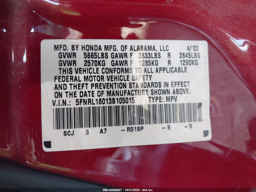 2003 Honda Odyssey Ex-L VIN: 5FNRL18013B105015 Lot: 43586807