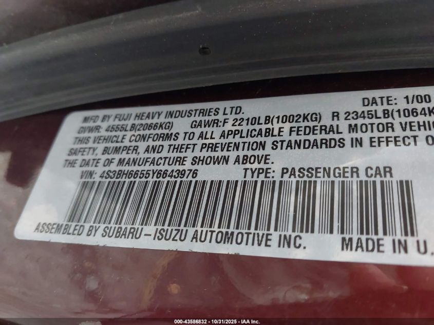 2000 Subaru Outback VIN: 4S3BH6655Y6643976 Lot: 43586832