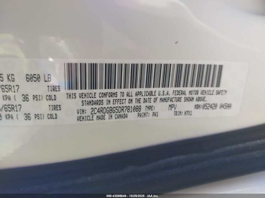 2013 Dodge Grand Caravan Se VIN: 2C4RDGBG5DR781088 Lot: 43586846