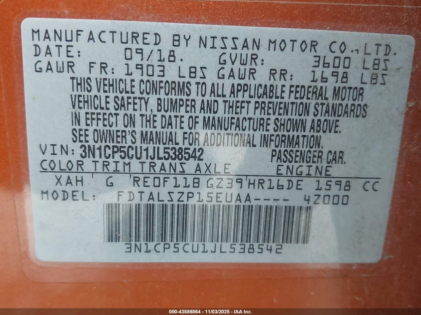 2018 NISSAN KICKS SV 3N1CP5CU1JL538542