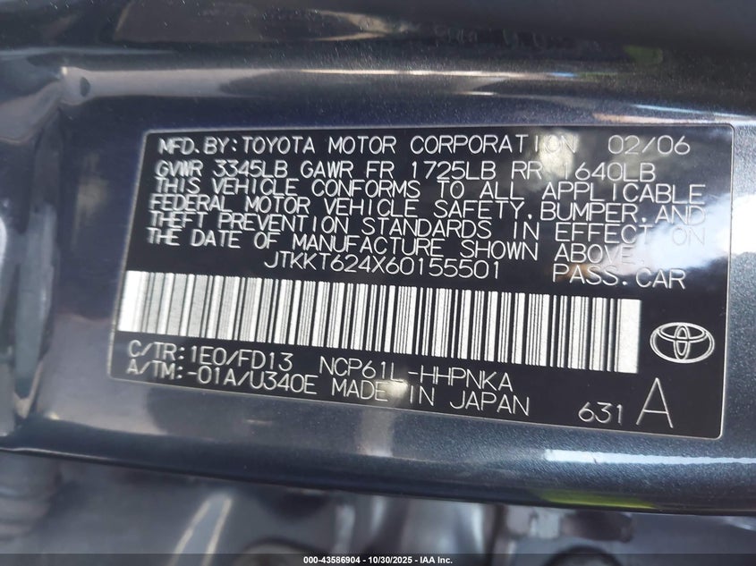 2006 Scion Xa VIN: JTKKT624X60155501 Lot: 43586904