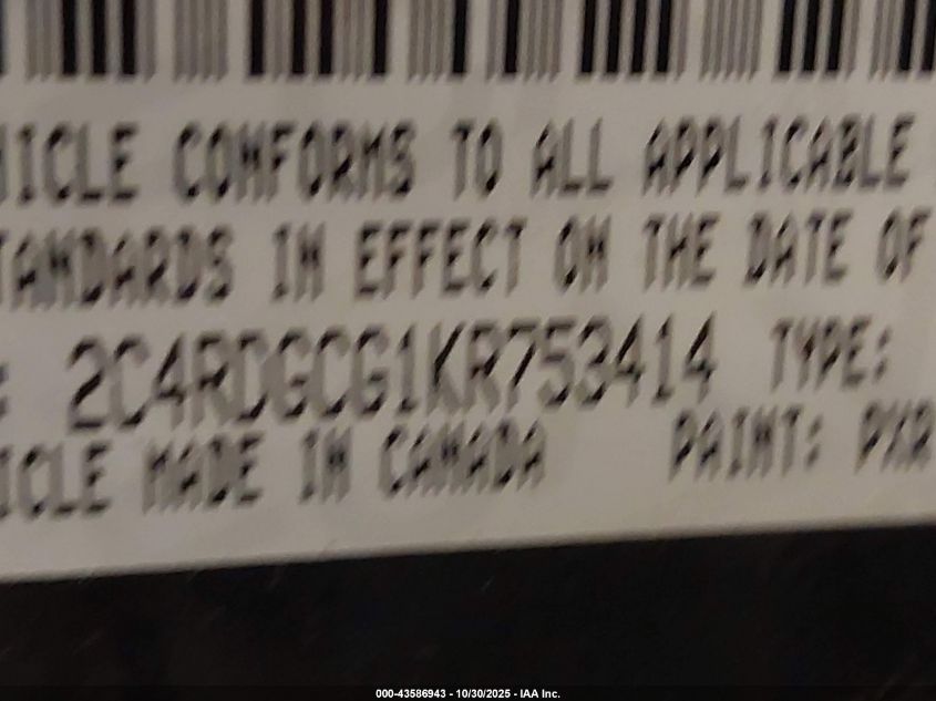 2019 Dodge Grand Caravan Sxt VIN: 2C4RDGCG1KR753414 Lot: 43586943