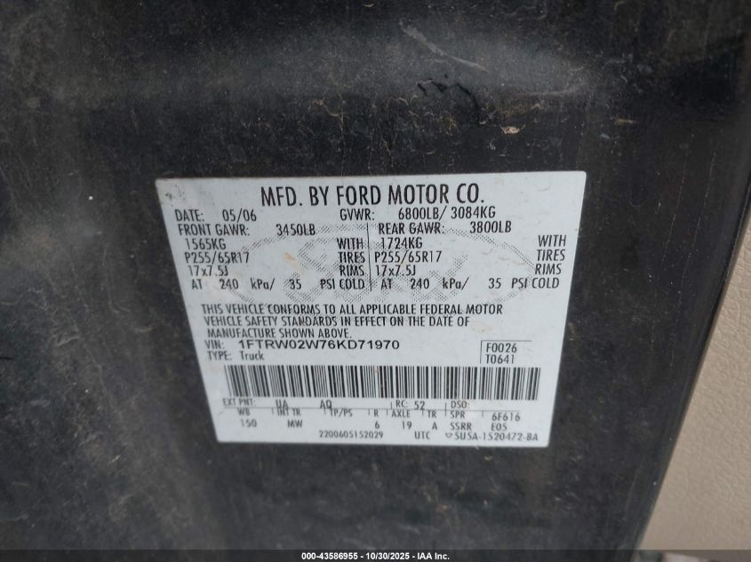 2006 Ford F-150 Xlt VIN: 1FTRW02W76KD71970 Lot: 43586955