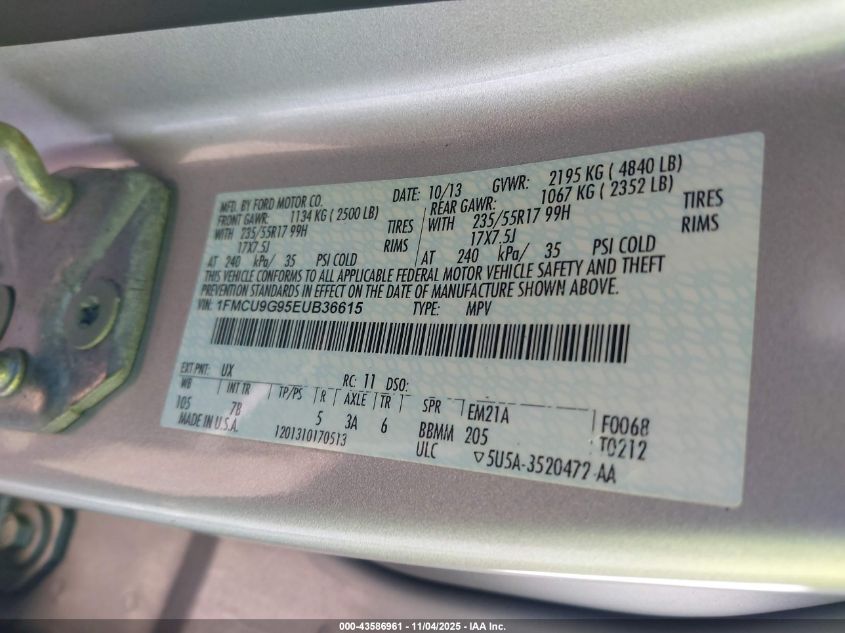 2014 Ford Escape Se VIN: 1FMCU9G95EUB36615 Lot: 43586961