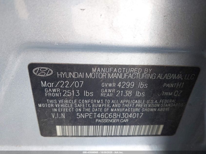 2008 Hyundai Sonata Gls VIN: 5NPET46C68H304017 Lot: 43586965