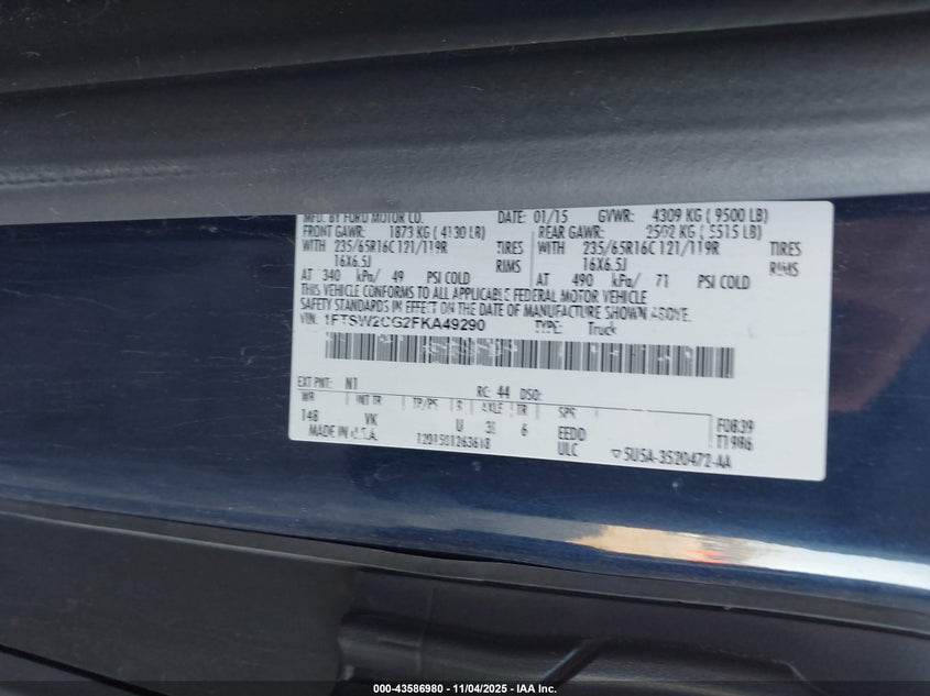 2015 Ford Transit-350 VIN: 1FTSW2CG2FKA49290 Lot: 43586980