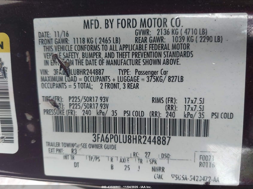 2017 FORD FUSION HYBRID SE - 3FA6P0LU8HR244887