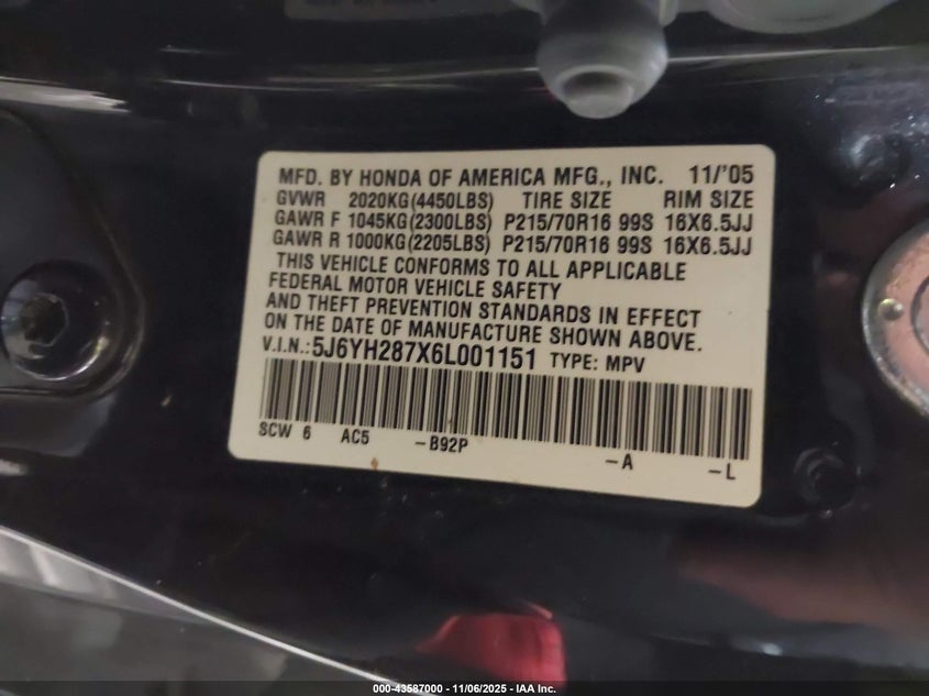 2006 Honda Element Ex-P VIN: 5J6YH287X6L001151 Lot: 43587000