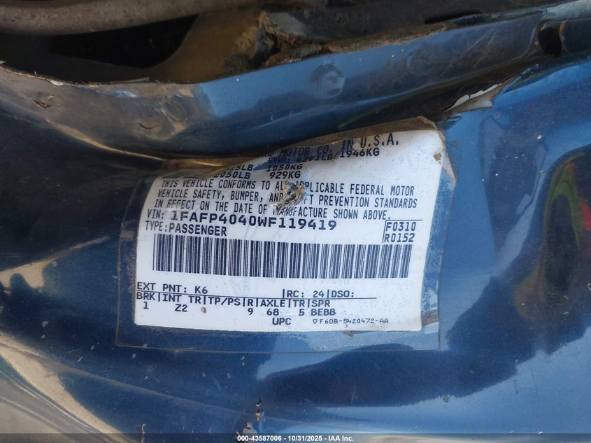 1998 Ford Mustang VIN: 1FAFP4040WF119419 Lot: 43587006