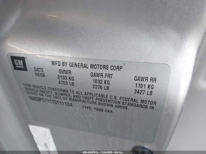 2007 Cadillac Cts Standard VIN: 1G6DP577170111134 Lot: 43587014