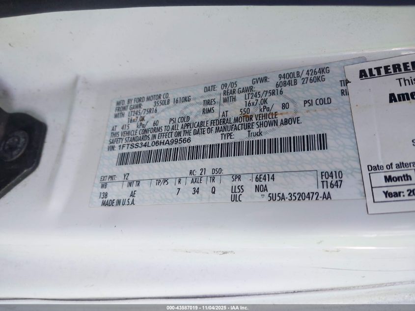 2006 Ford E-350 Super Duty Commercial/Recreational VIN: 1FTSS34L06HA99566 Lot: 43587019