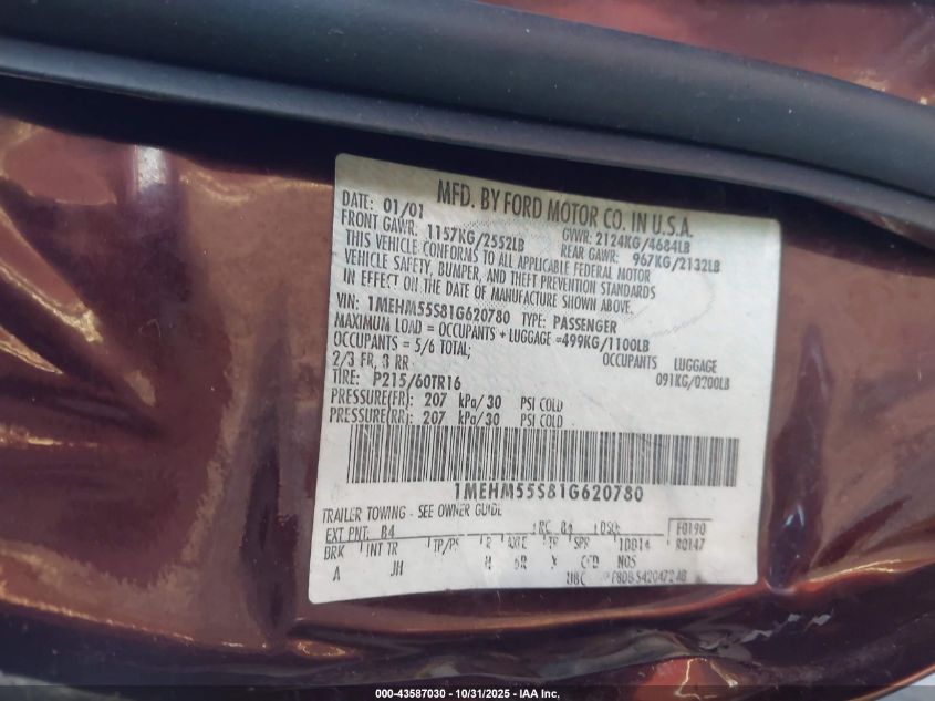 2001 Mercury Sable Ls Premium VIN: 1MEHM55S81G620780 Lot: 43587030