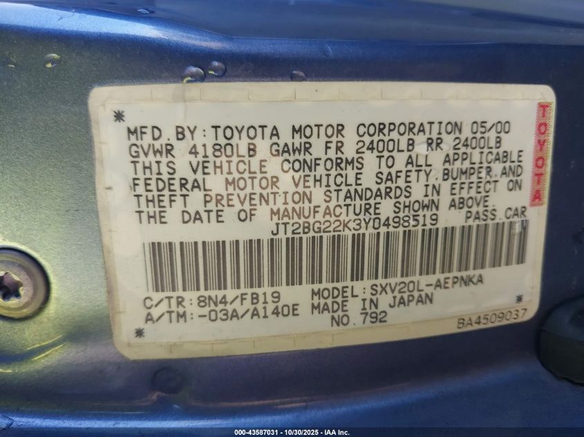 2000 Toyota Camry Le VIN: JT2BG22K3Y0498519 Lot: 43587031