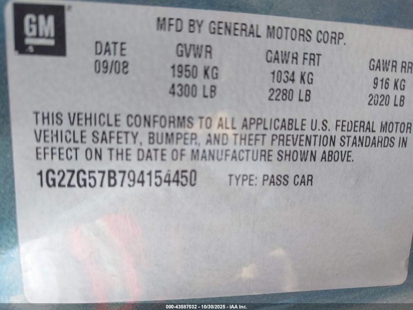 2009 Pontiac G6 VIN: 1G2ZG57B794154450 Lot: 43587032