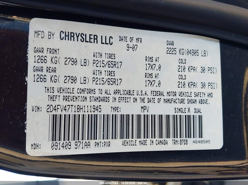 2008 Dodge Magnum VIN: 2D4FV47T18H111945 Lot: 43587063