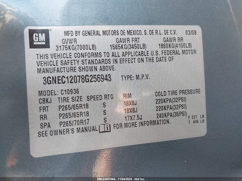 2008 Chevrolet Avalanche 1500 Lt VIN: 3GNEC12078G256943 Lot: 43587064