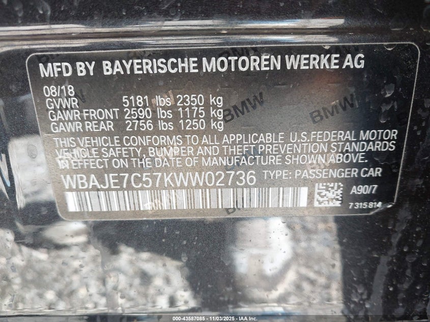 2019 BMW 540I XDRIVE - WBAJE7C57KWW02736