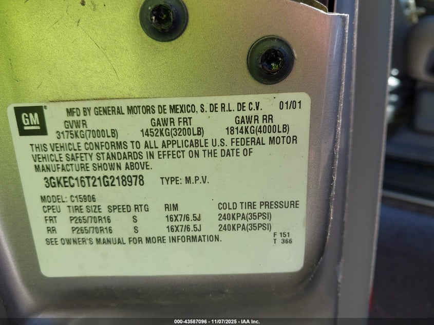 2001 GMC Yukon Xl 1500 Slt VIN: 3GKEC16T21G218978 Lot: 43587096