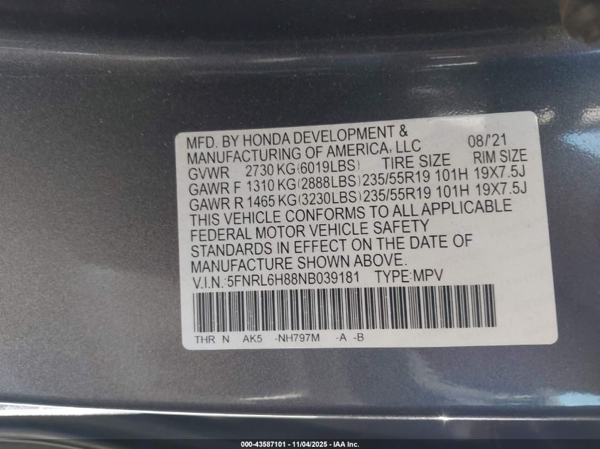 2022 Honda Odyssey Touring VIN: 5FNRL6H88NB039181 Lot: 43587101