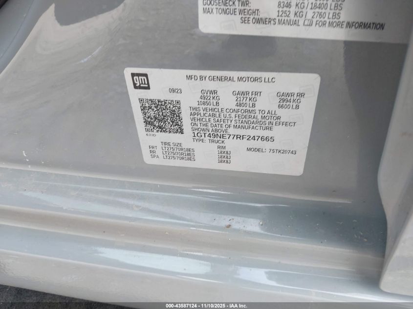 2024 GMC Sierra 2500Hd 4Wd Standard Bed Slt VIN: 1GT49NE77RF247665 Lot: 43587124