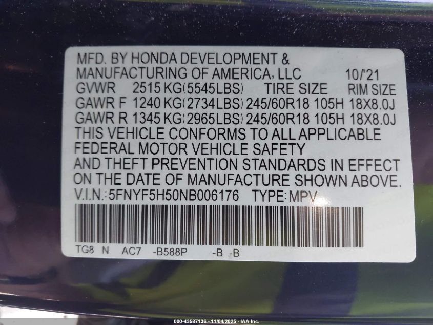 2022 Honda Pilot 2Wd Ex-L VIN: 5FNYF5H50NB006176 Lot: 43587136