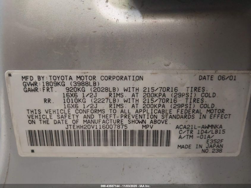 2001 Toyota Rav4 VIN: JTEHH20V116007875 Lot: 43587144