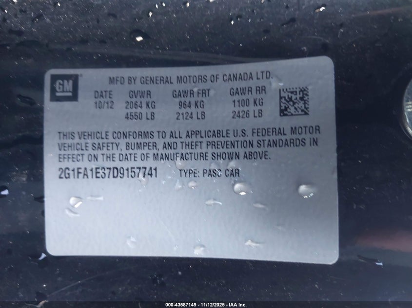 2013 Chevrolet Camaro 2Ls VIN: 2G1FA1E37D9157741 Lot: 43587149