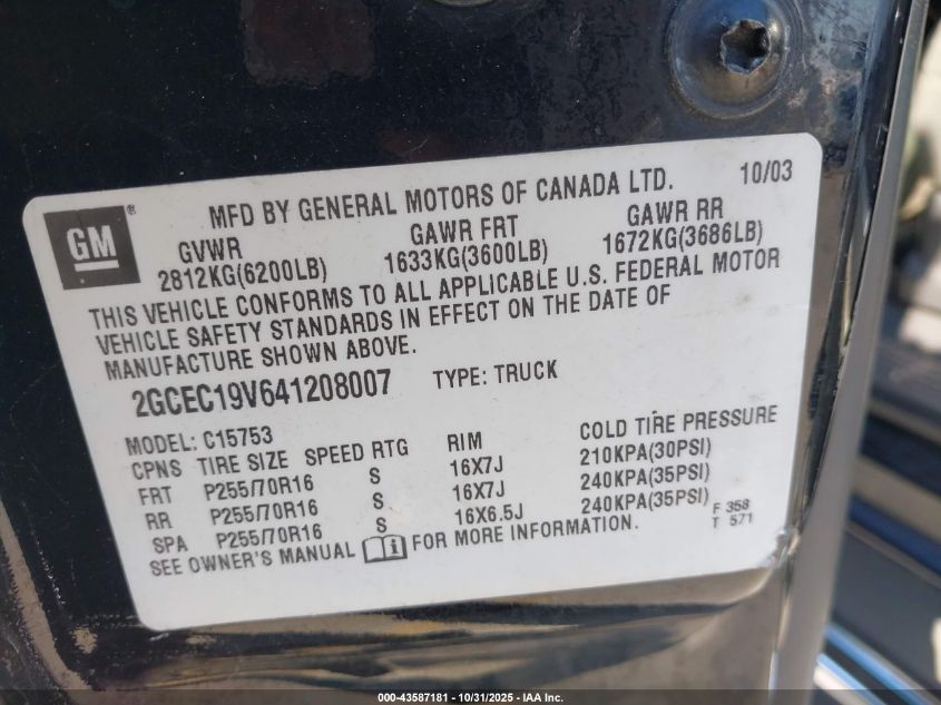 2004 Chevrolet Silverado 1500 Ls VIN: 2GCEC19V641208007 Lot: 43587181