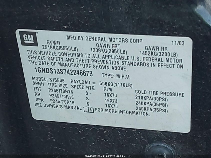 2004 Chevrolet Trailblazer Ls VIN: 1GNDS13S742246673 Lot: 43587189