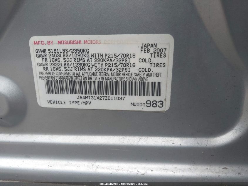 2007 Mitsubishi Outlander Ls VIN: JA4MT31X27Z011037 Lot: 43587205
