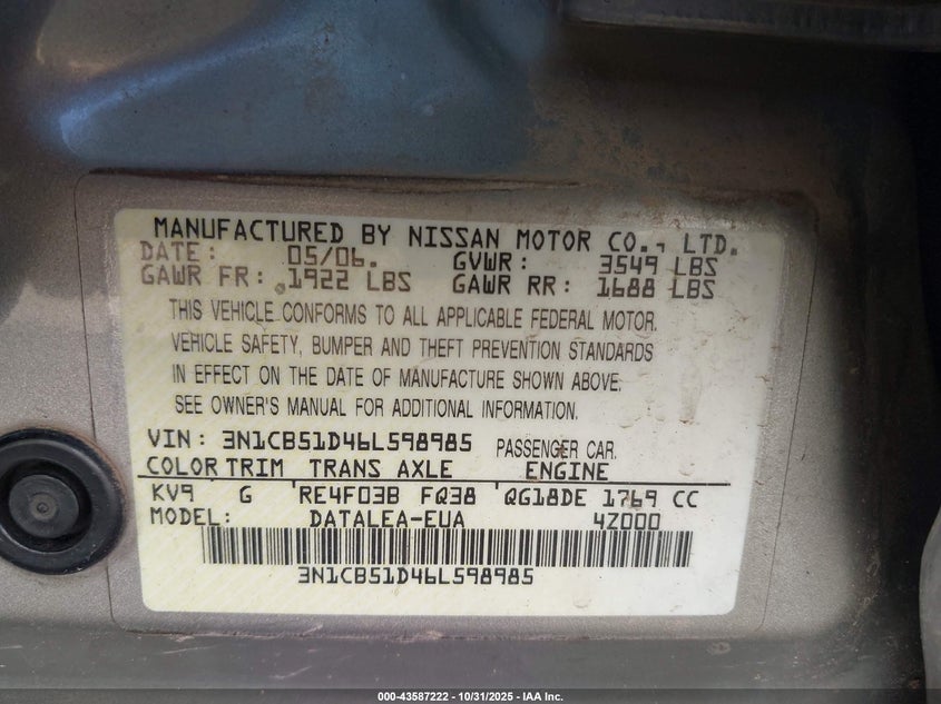 2006 Nissan Sentra 1.8S VIN: 3N1CB51D46L598985 Lot: 43587222