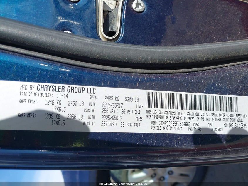 2015 Dodge Journey VIN: 3C4PDCAB5ST564663 Lot: 43587225