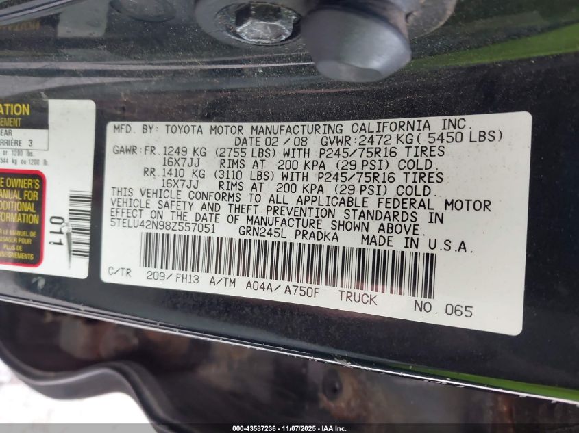 2008 Toyota Tacoma Base V6 VIN: 5TELU42N98Z557051 Lot: 43587236