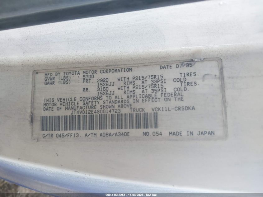 1995 Toyota T100 Xtracab/Dx VIN: JT4VD12E4S0014723 Lot: 43587251