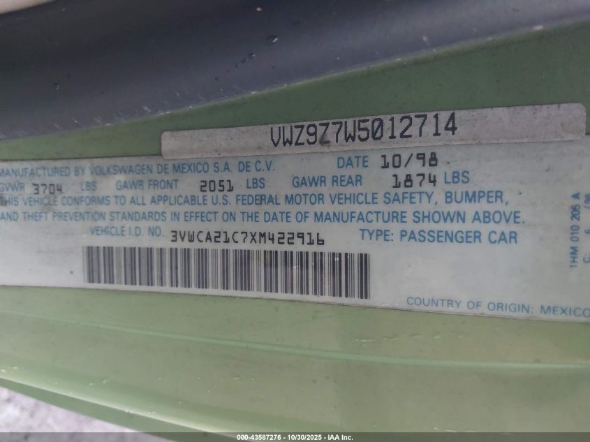 1999 Volkswagen New Beetle Gls VIN: 3VWCA21C7XM422916 Lot: 43587276