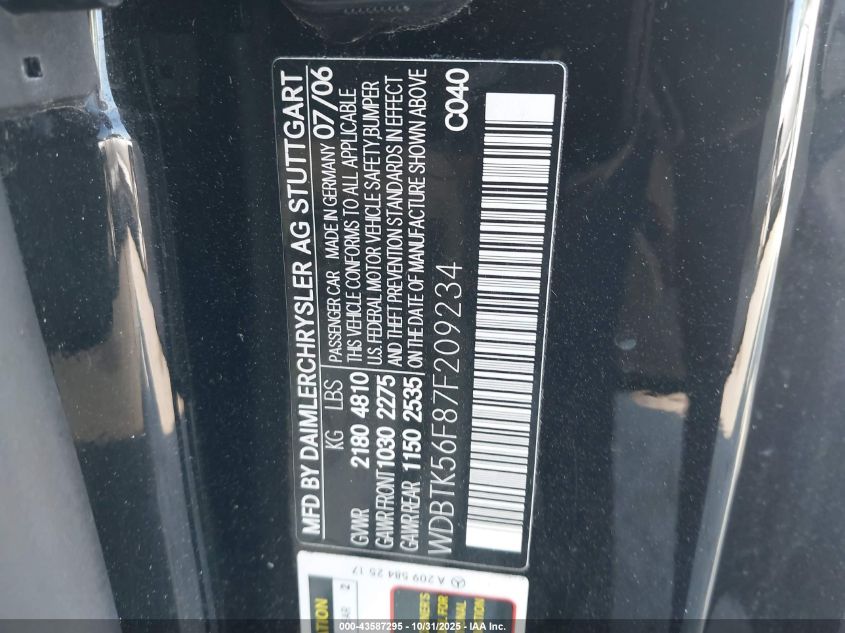 2007 Mercedes-Benz Clk 350 VIN: WDBTK56F87F209234 Lot: 43587295