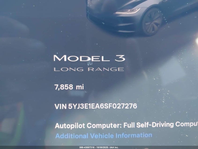 2025 Tesla Model 3 Long Range Rear-Wheel Drive/Standard VIN: 5YJ3E1EA6SF027276 Lot: 43587316