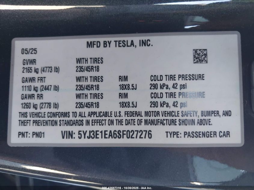 2025 Tesla Model 3 Long Range Rear-Wheel Drive/Standard VIN: 5YJ3E1EA6SF027276 Lot: 43587316