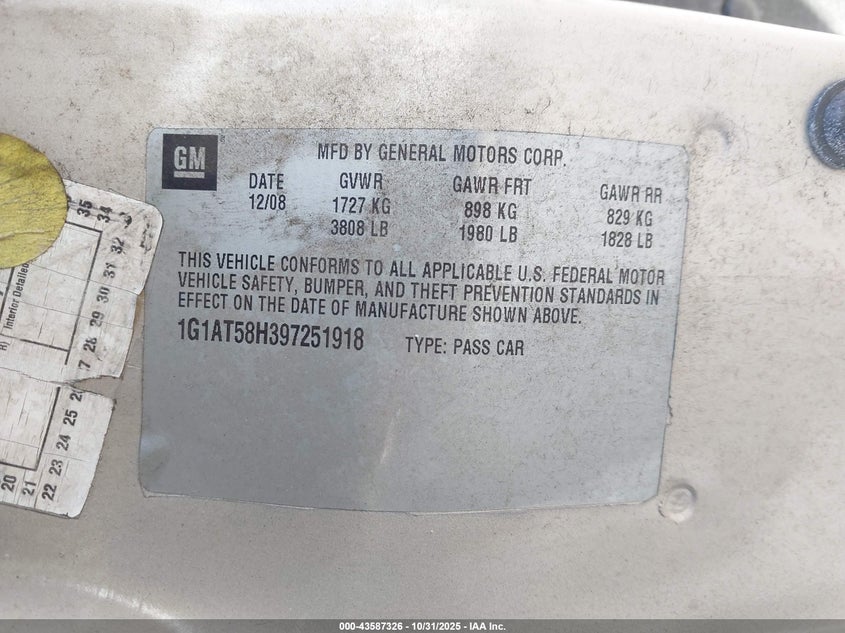 2009 Chevrolet Cobalt Lt VIN: 1G1AT58H397251918 Lot: 43587326