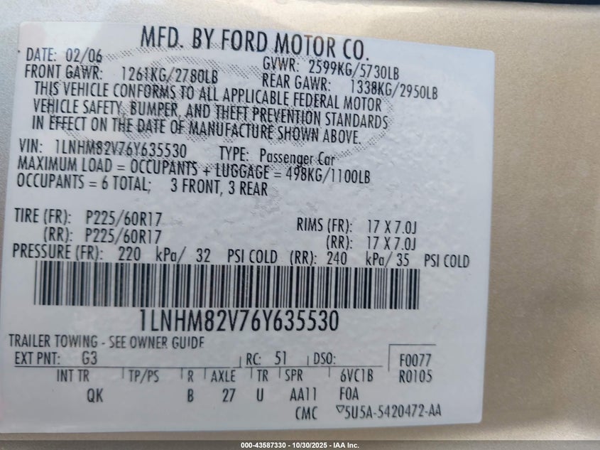 2006 Lincoln Town Car Signature Limited VIN: 1LNHM82V76Y635530 Lot: 43587330