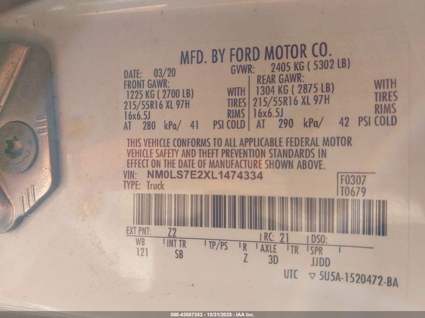 2020 Ford Transit Connect Xl VIN: NM0LS7E2XL1474334 Lot: 43587353