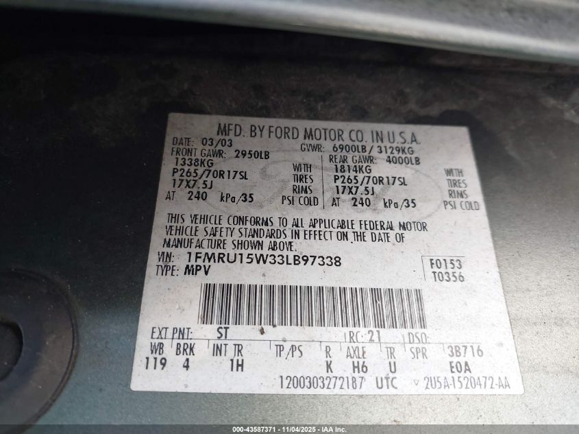 2003 Ford Expedition Xlt VIN: 1FMRU15W33LB97338 Lot: 43587371