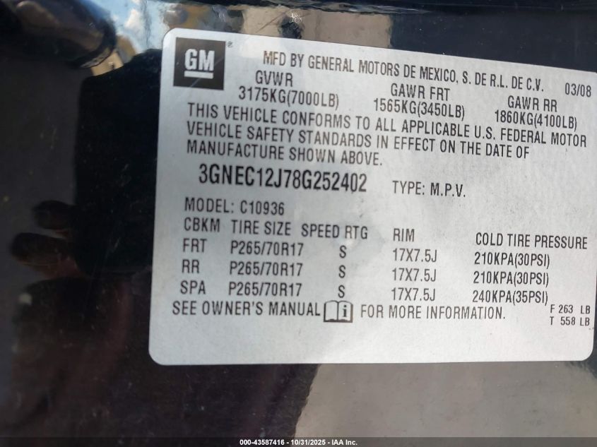 2008 Chevrolet Avalanche 1500 Lt VIN: 3GNEC12J78G252402 Lot: 43587416