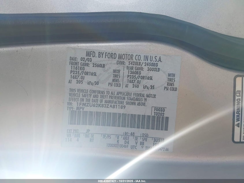 1FMZU62K83ZA81189 2003 FORD EXPLORER photo no. 9