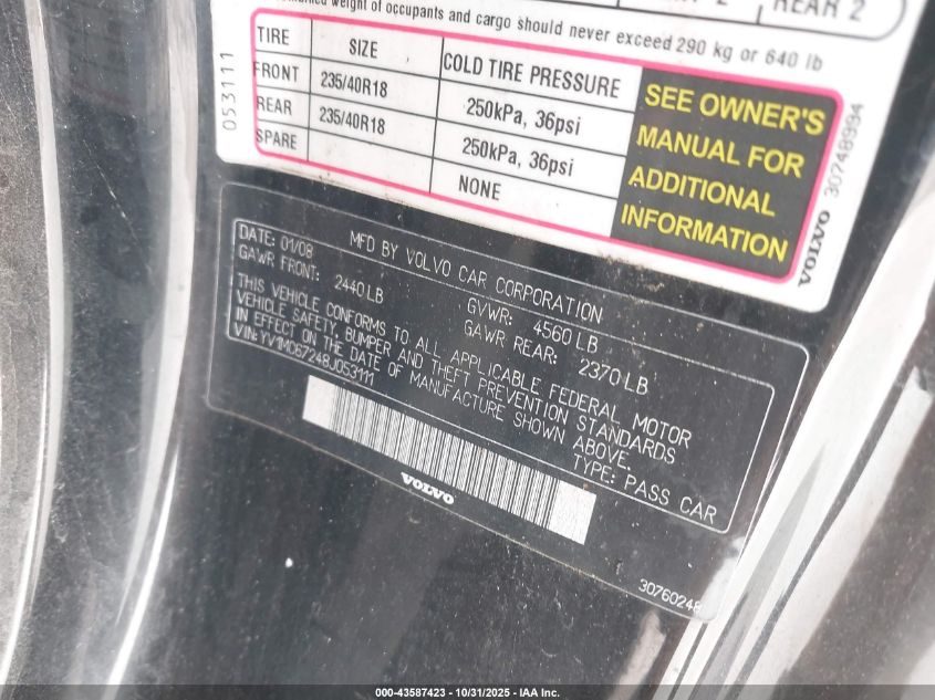 2008 Volvo C70 T5 VIN: YV1MC67248J053111 Lot: 43587423