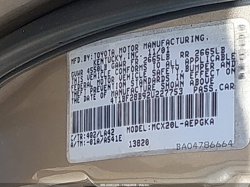 2002 Toyota Avalon Xls VIN: 4T1BF28B92U227753 Lot: 43587425