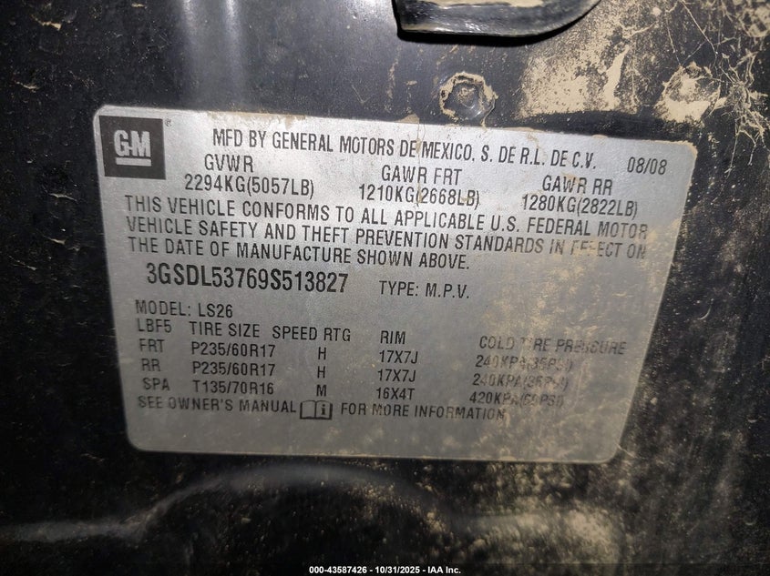 2009 Saturn Vue V6 Xr VIN: 3GSDL53769S513827 Lot: 43587426