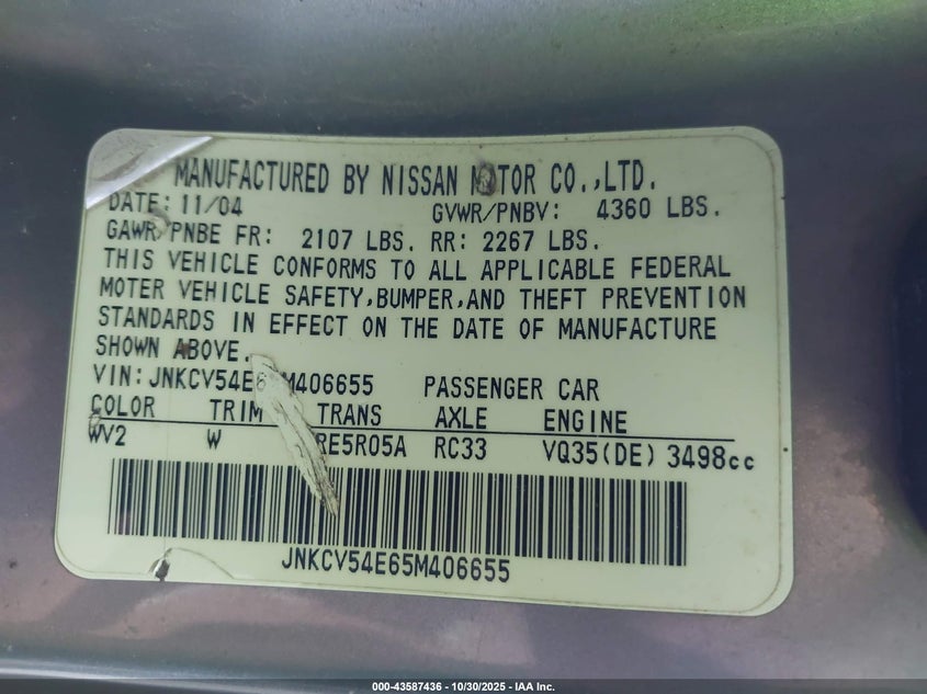 2005 Infiniti G35 VIN: JNKCV54E65M406655 Lot: 43587436