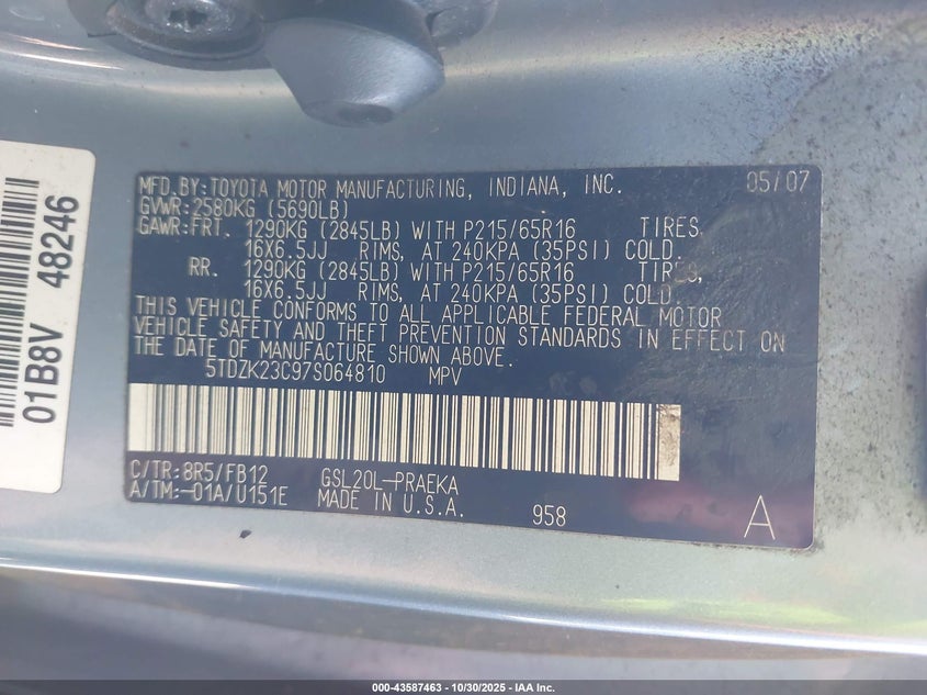 2007 Toyota Sienna Le VIN: 5TDZK23C97S064810 Lot: 43587463