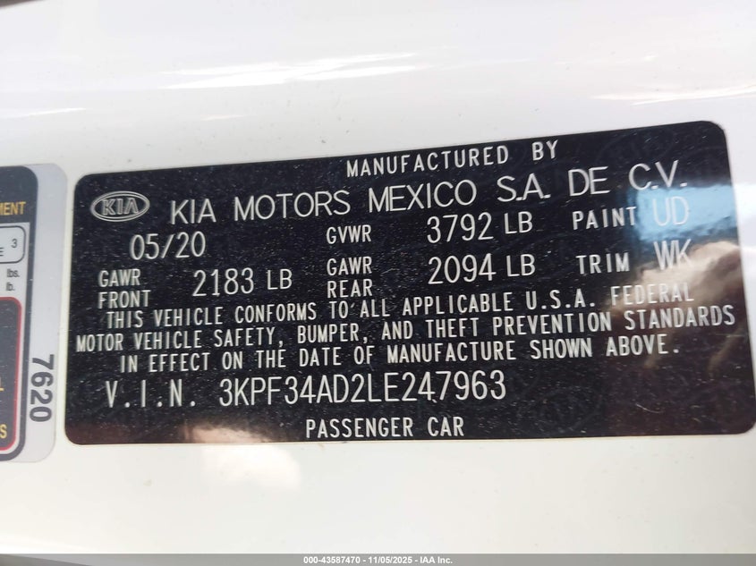 2020 Kia Forte Gt-Line VIN: 3KPF34AD2LE247963 Lot: 43587470